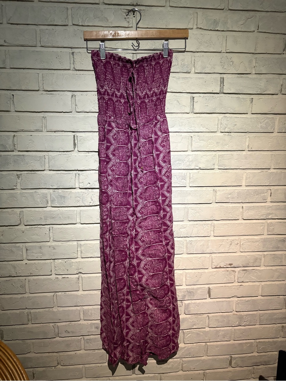 Tigerlily Strapless Smocked romper in Plum Pattern